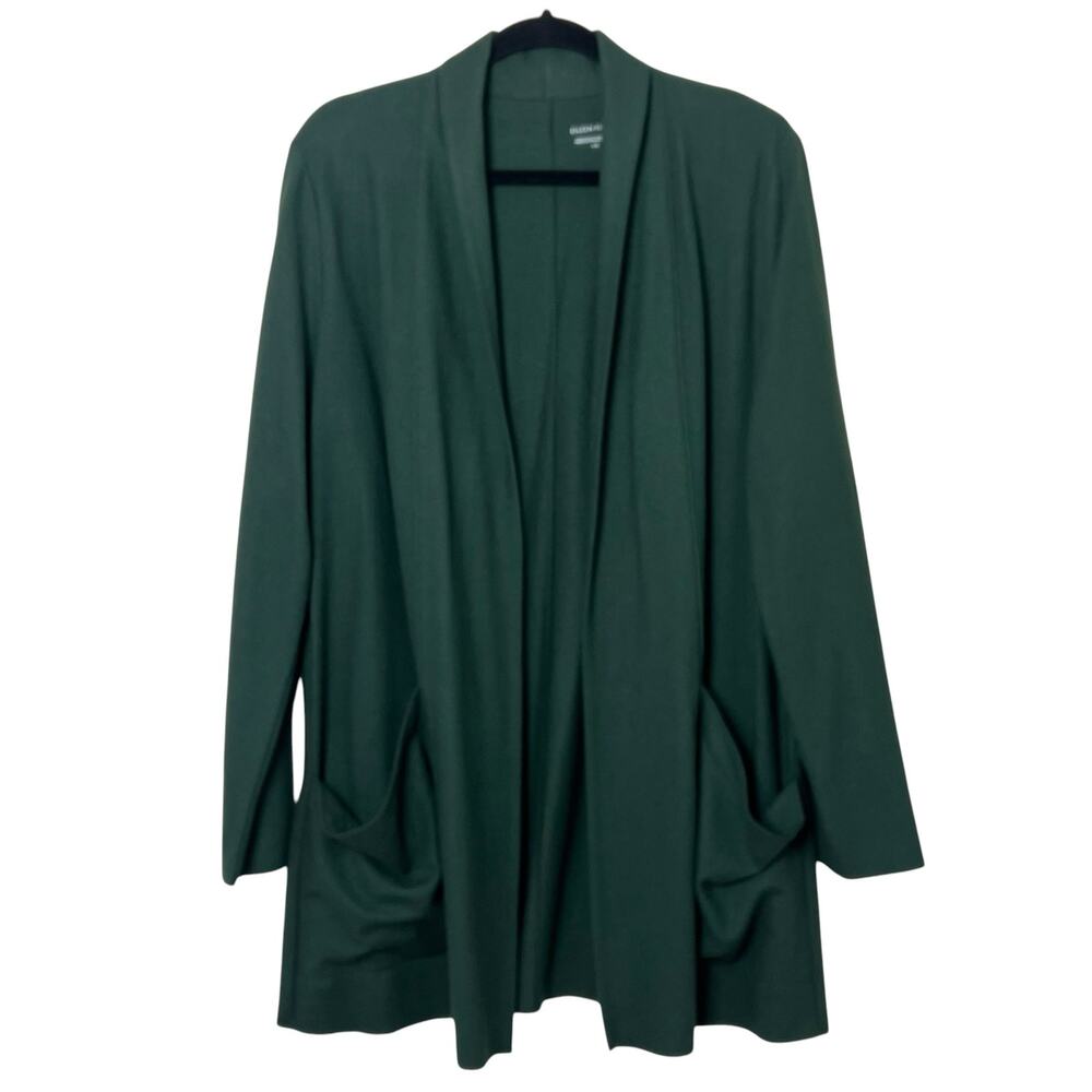 Eileen Fisher Wool Open Front Drape Cardigan Jacket Dark Green Size Large